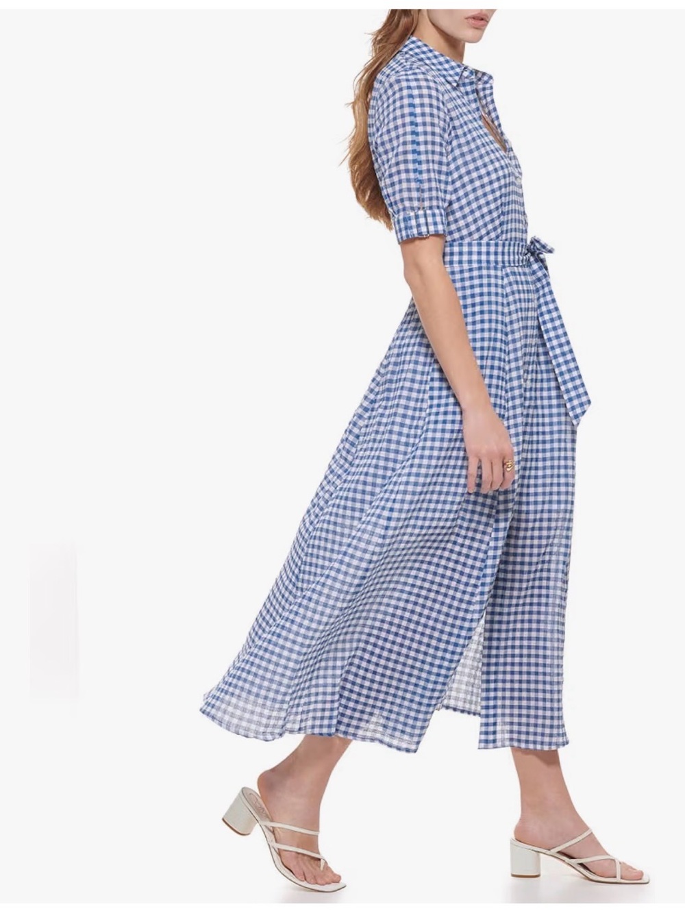 Calvin Klein Blue White Gingham Maxi Button sShirt Dress with Tie Waist Size 8 - Picture 4 of 16